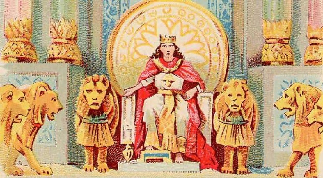 Solomon's Wealth and Wisdom, as in 1 Kings 3:12-13, illustration from a Bible card published 1896 by the Providence Lithograph Company