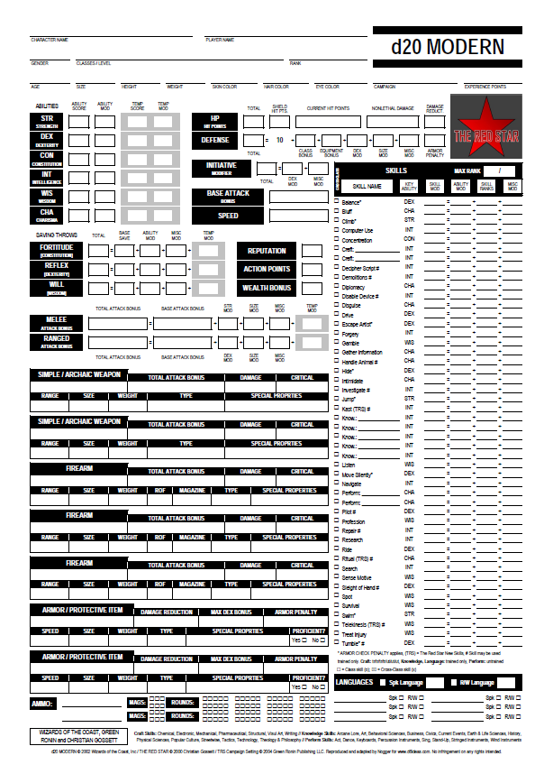 The Red Star Character Sheet